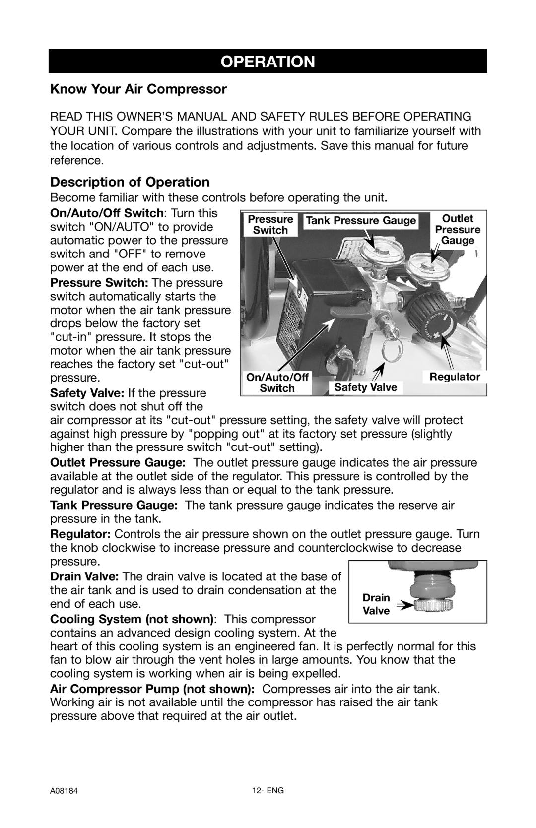 DeWalt A08184 instruction manual Know Your Air Compressor, Description of Operation 