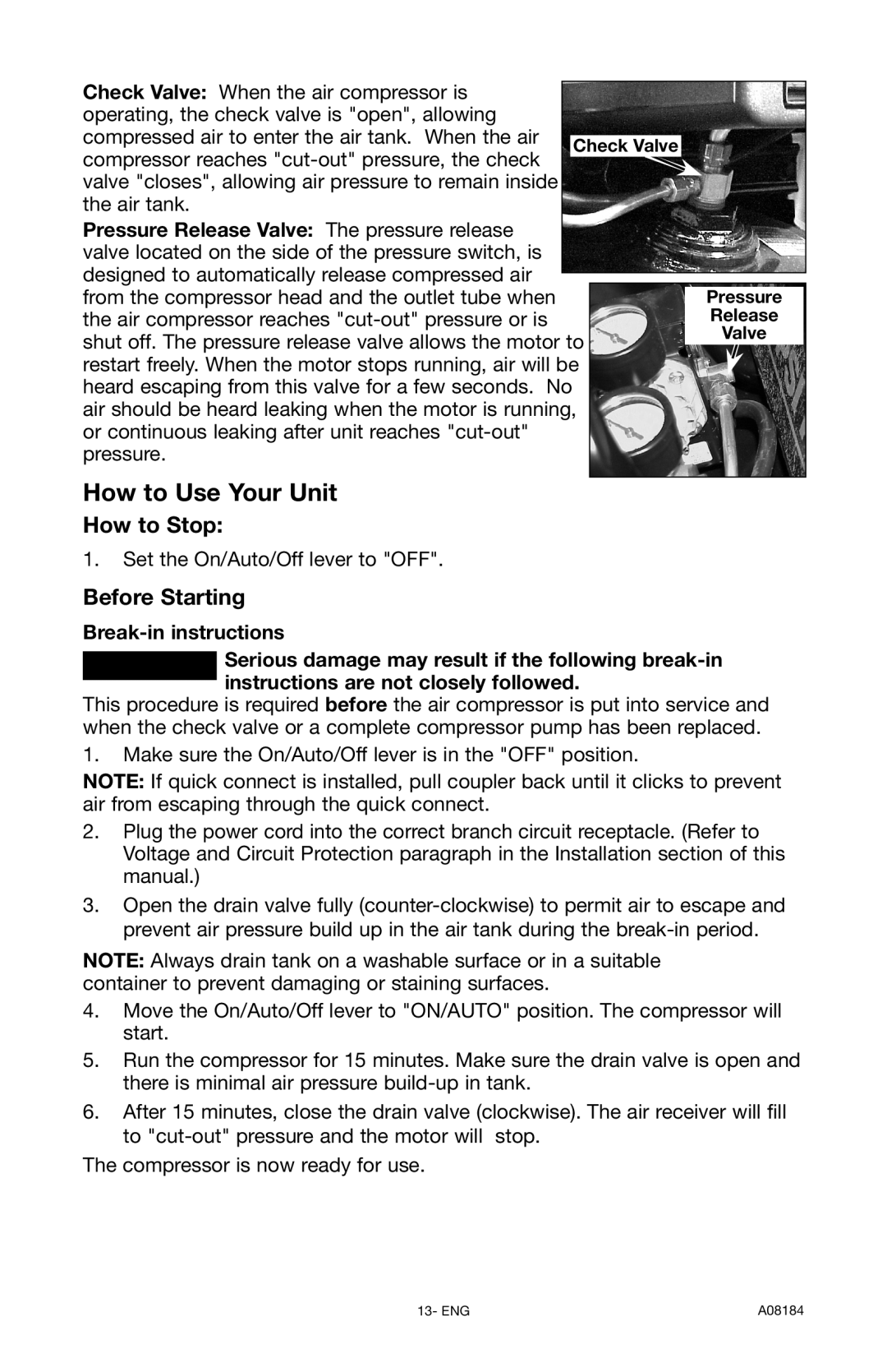 DeWalt A08184 instruction manual How to Stop, Before Starting 