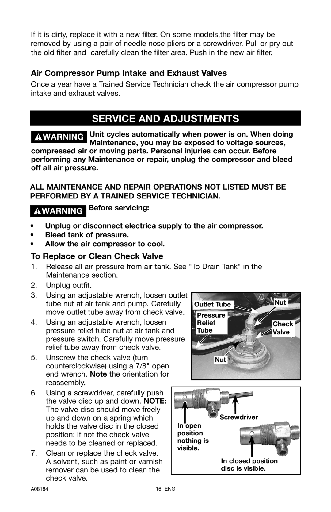 DeWalt A08184 Service and Adjustments, Air Compressor Pump Intake and Exhaust Valves, To Replace or Clean Check Valve 