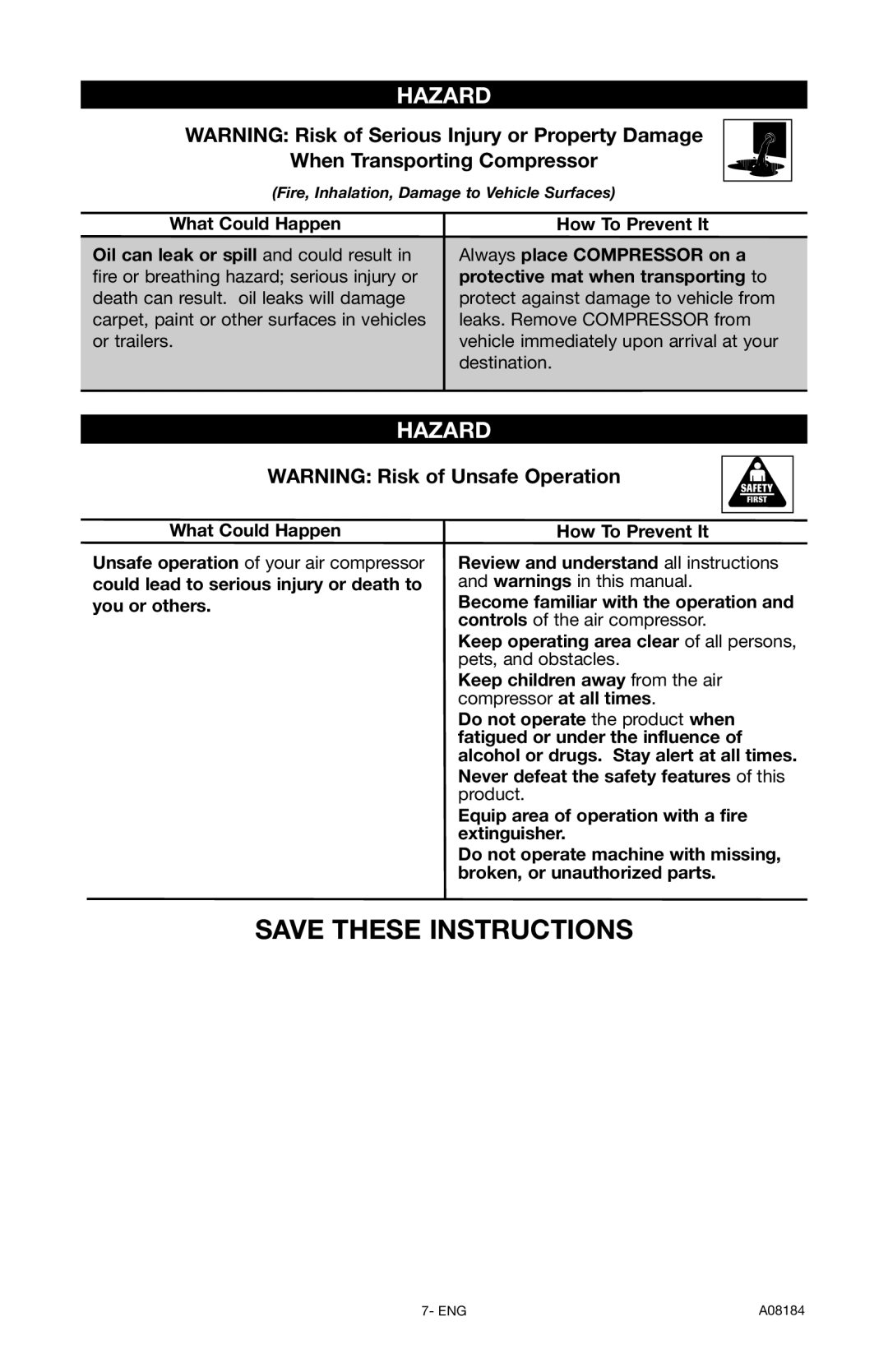 DeWalt A08184 instruction manual Equip area of operation with a fire extinguisher 