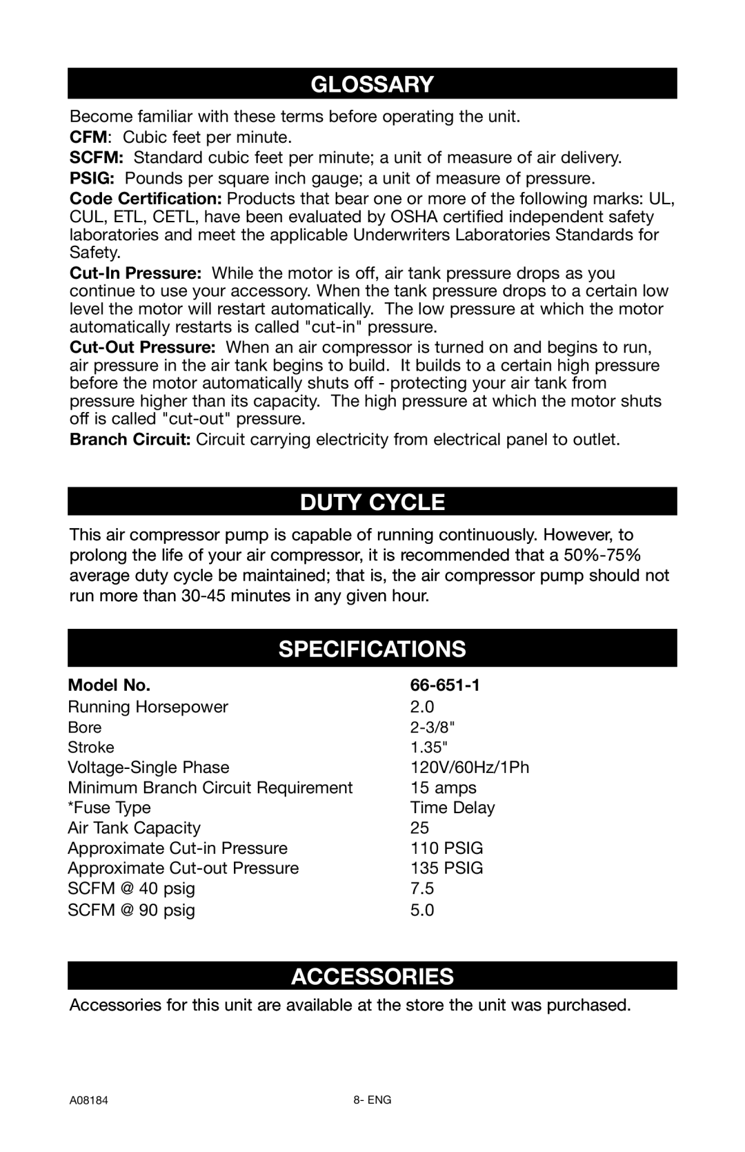 DeWalt A08184 instruction manual Glossary, Duty Cycle, Specifications, Accessories 