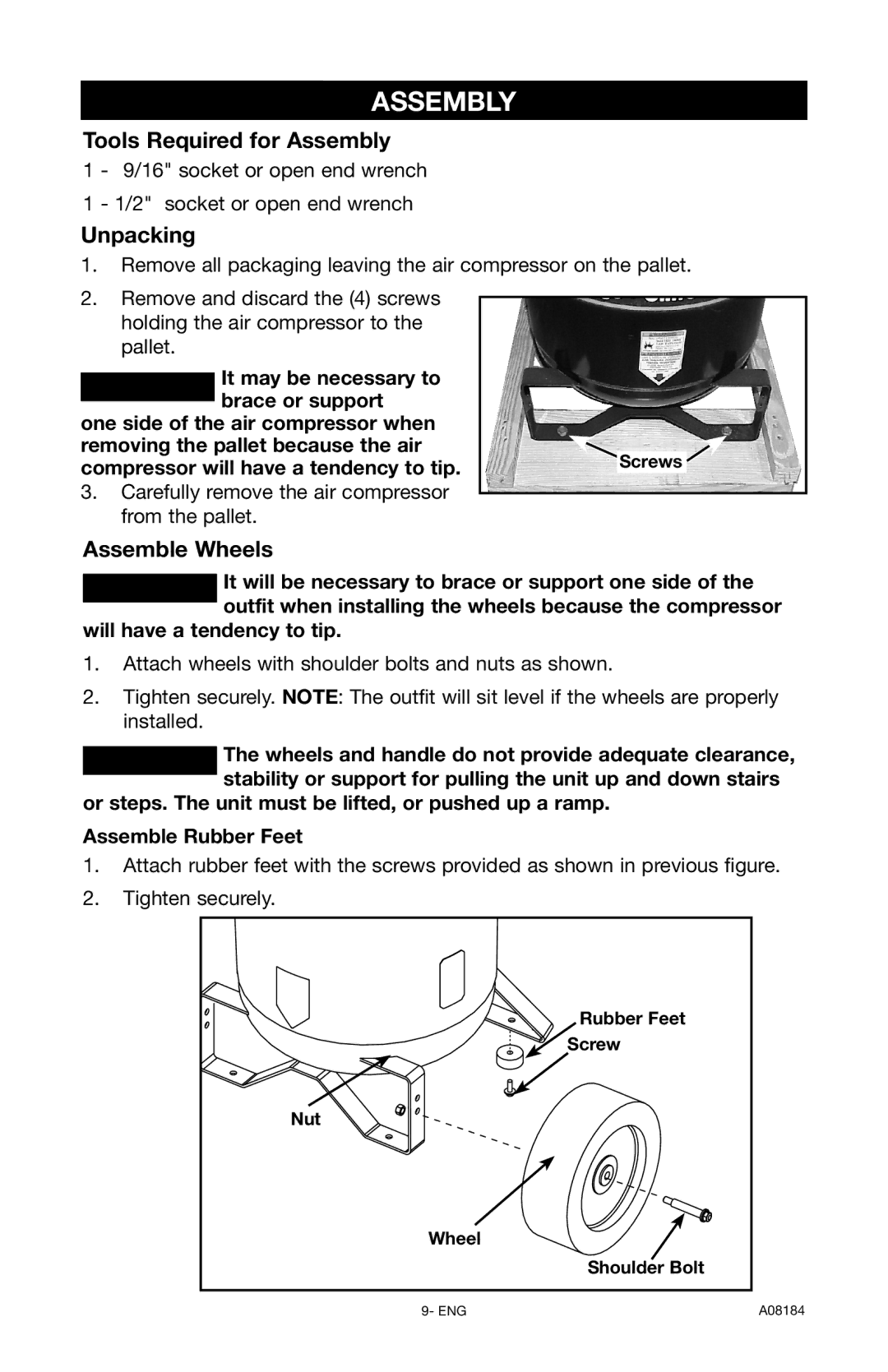 DeWalt A08184 instruction manual Tools Required for Assembly, Unpacking, Assemble Wheels 