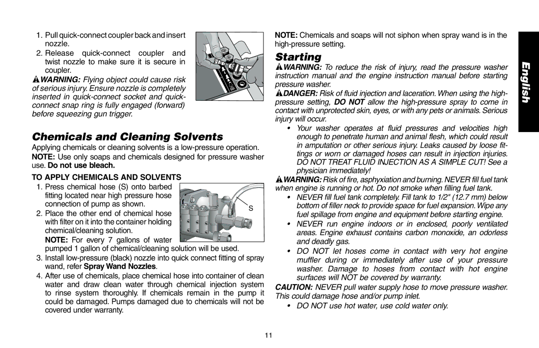 DeWalt DP2800, A16505 instruction manual Chemicals and Cleaning Solvents, Starting, To apply chemicals and solvents 