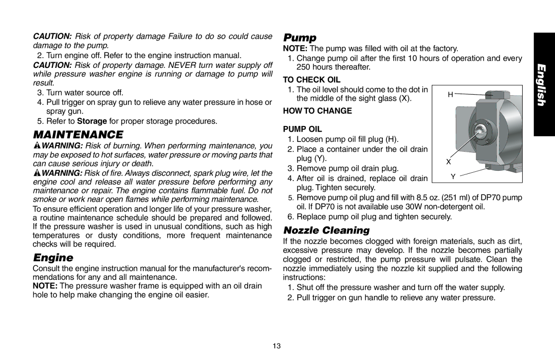 DeWalt DP2800, A16505 instruction manual Maintenance, Engine Pump, To Check Oil, How To Change Pump Oil 