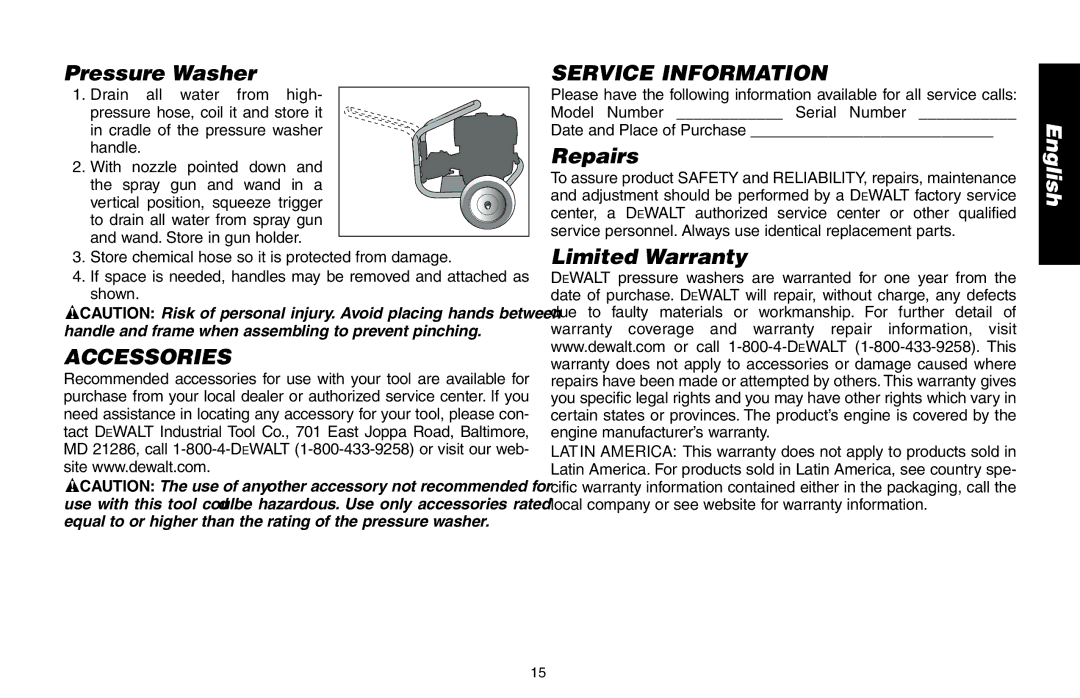 DeWalt DP2800 Pressure Washer, Accessories Service Information, Repairs, Limited Warranty, Date and Place of Purchase 