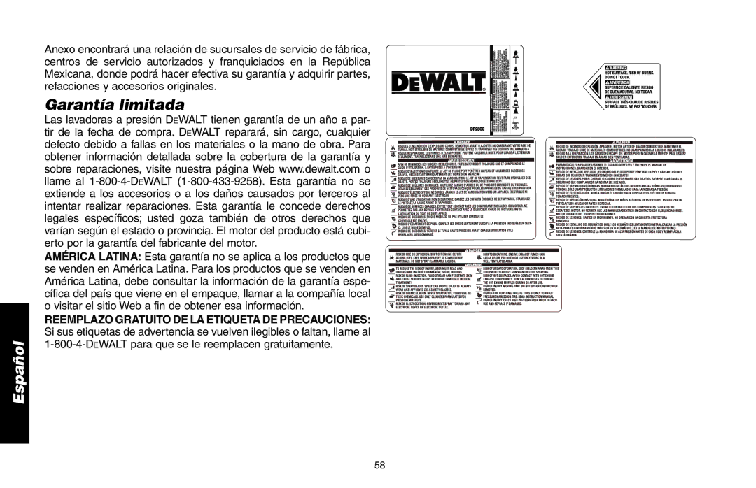 DeWalt A16505, DP2800 instruction manual Garantía limitada 