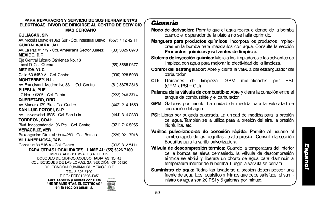 DeWalt DP2800, A16505 instruction manual Glosario, Para Otras Localidades Llame AL 55 5326 