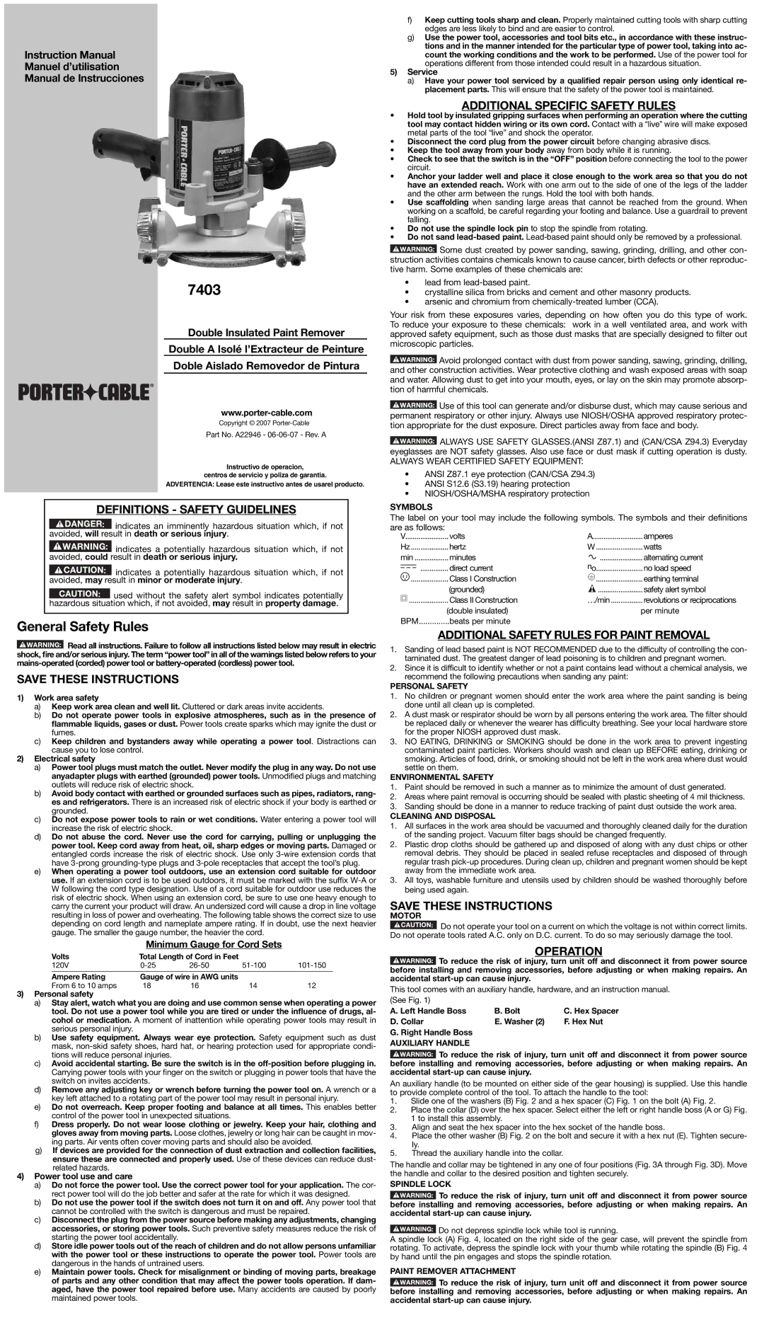 DeWalt a22946 instruction manual General Safety Rules, Definitions Safety Guidelines, Additional Specific Safety Rules 