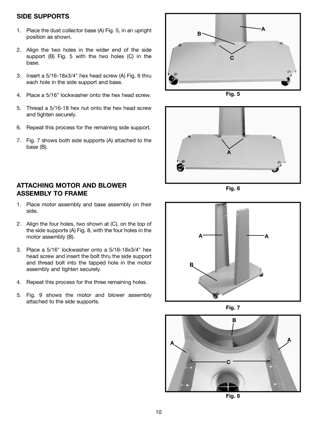 DeWalt AP400 instruction manual Side Supports, Attaching Motor and Blower Assembly to Frame 