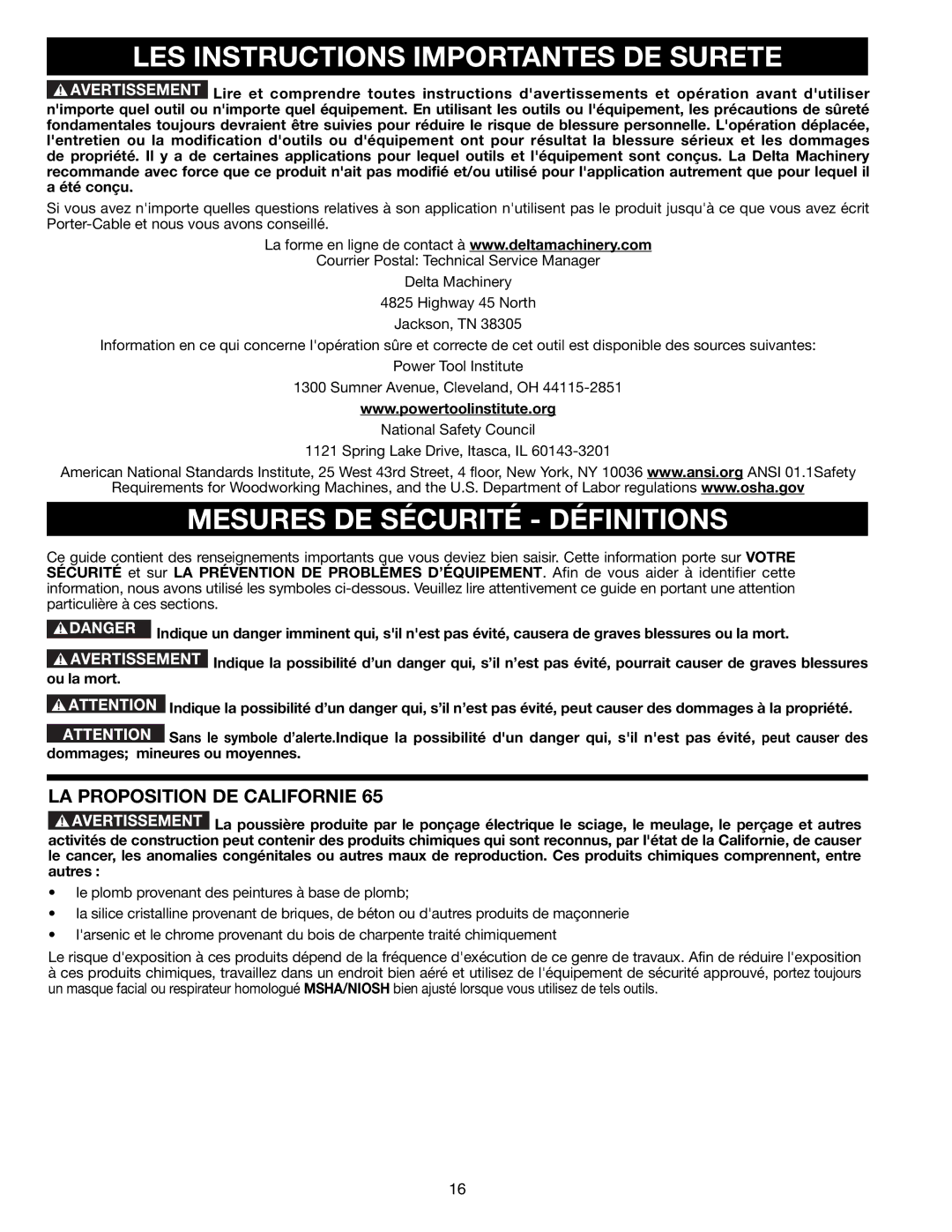 DeWalt AP400 LES Instructions Importantes DE Surete, Mesures DE Sécurité Définitions, LA Proposition DE Californie 