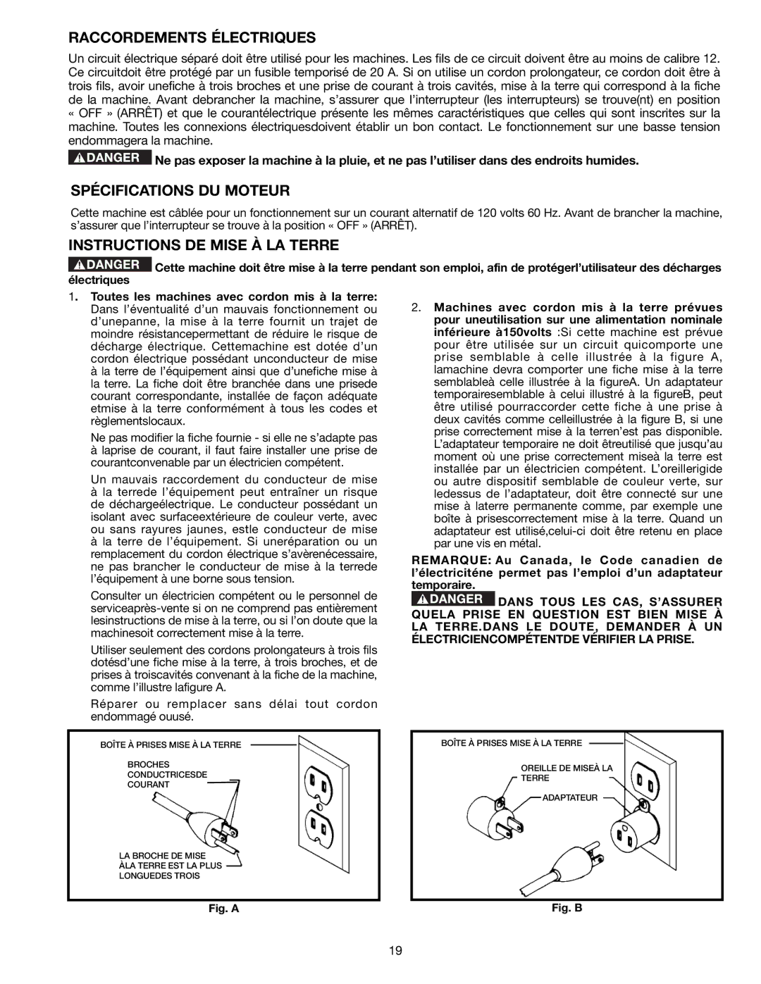 DeWalt AP400 instruction manual Raccordements Électriques, Spécifications DU Moteur, Instructions DE Mise À LA Terre 