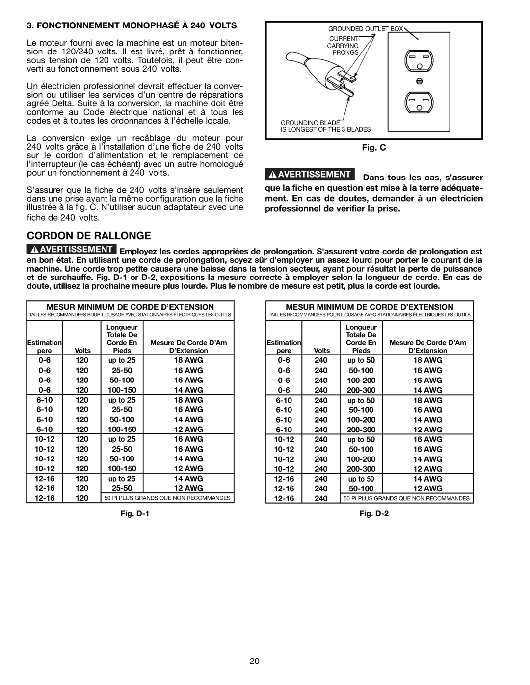 DeWalt AP400 instruction manual Cordon DE Rallonge, Fonctionnement Monophasé À 240 Volts 