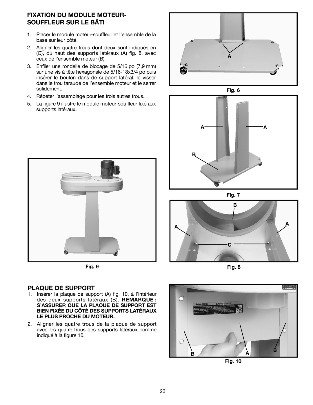 DeWalt AP400 instruction manual Fixation DU Module MOTEUR- Souffleur SUR LE Bâti, Plaque DE Support 