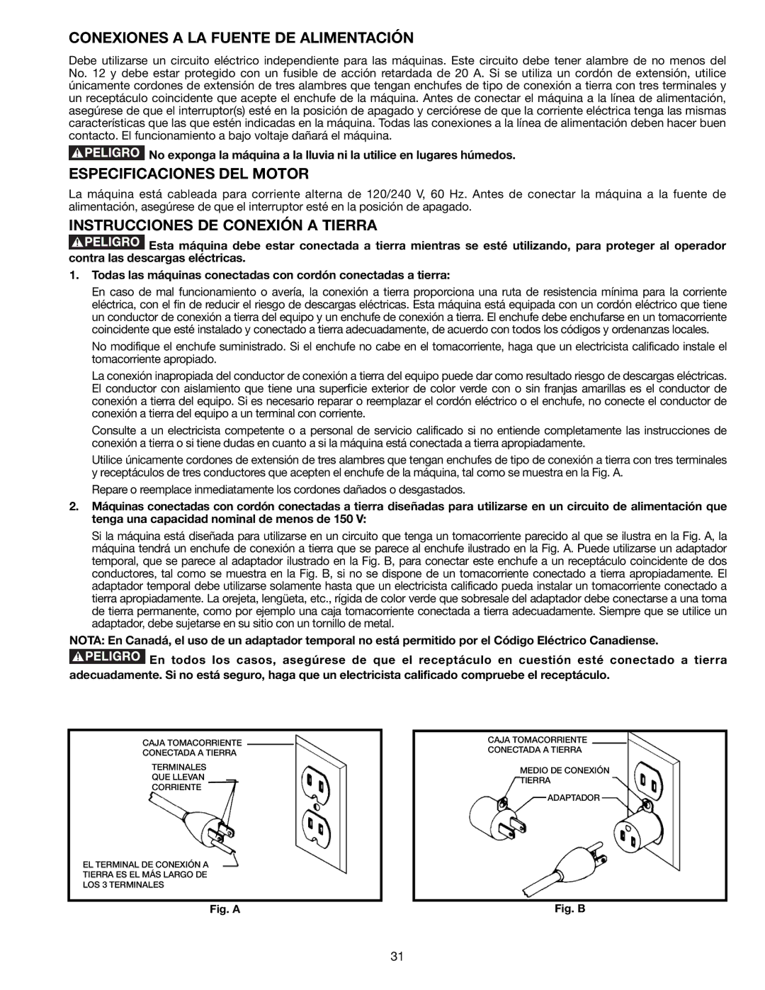 DeWalt AP400 Conexiones a LA Fuente DE Alimentación, Especificaciones DEL Motor, Instrucciones DE Conexión a Tierra 