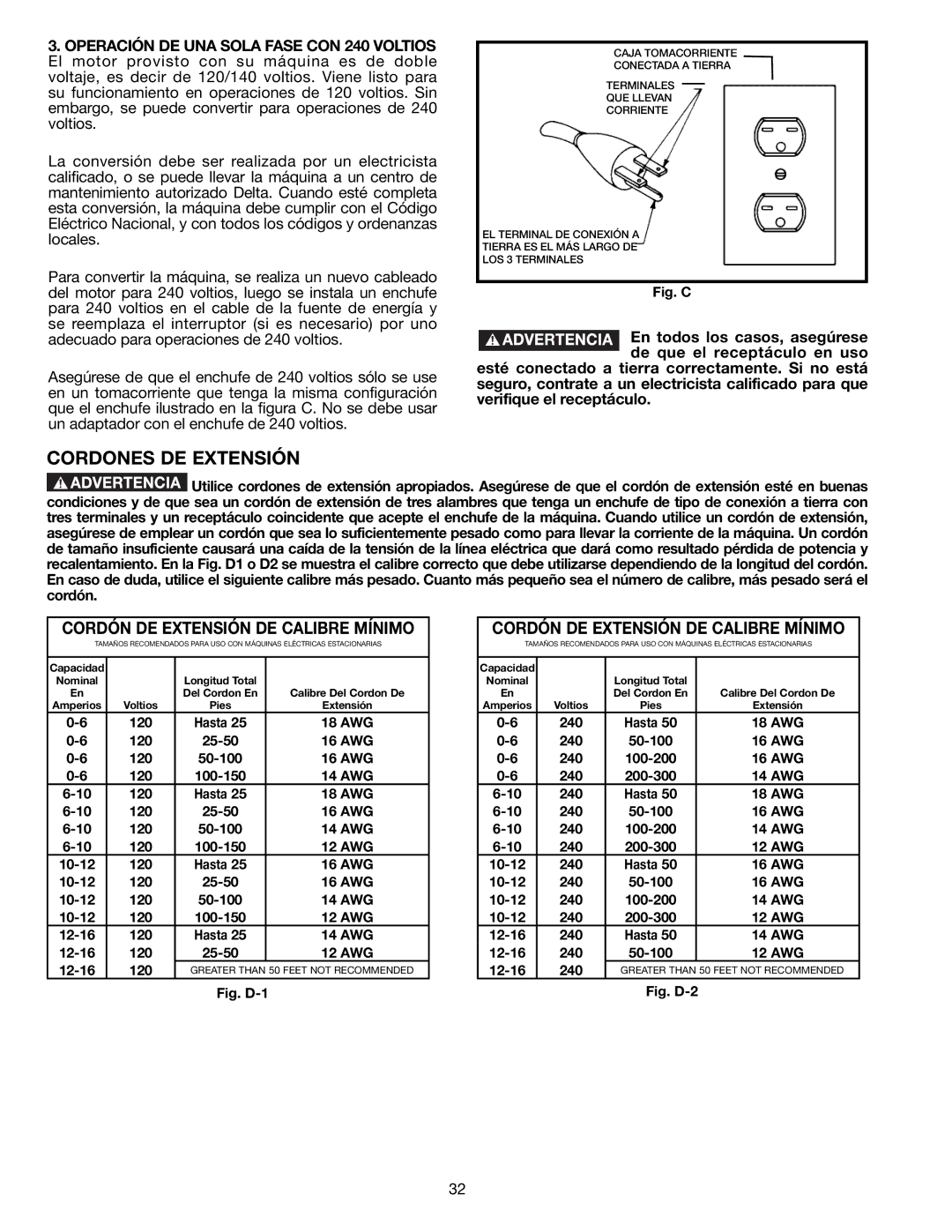 DeWalt AP400 instruction manual Cordones DE Extensión, Cordón DE Extensión DE Calibre Mínimo 