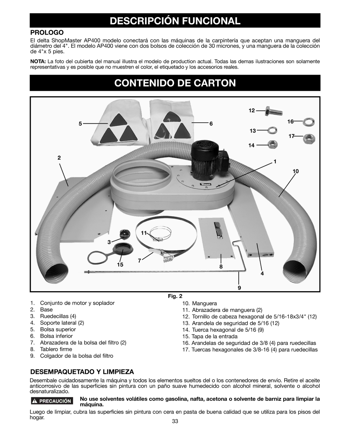 DeWalt AP400 instruction manual Descripción Funcional, Contenido DE Carton, Prologo, Desempaquetado Y Limpieza 