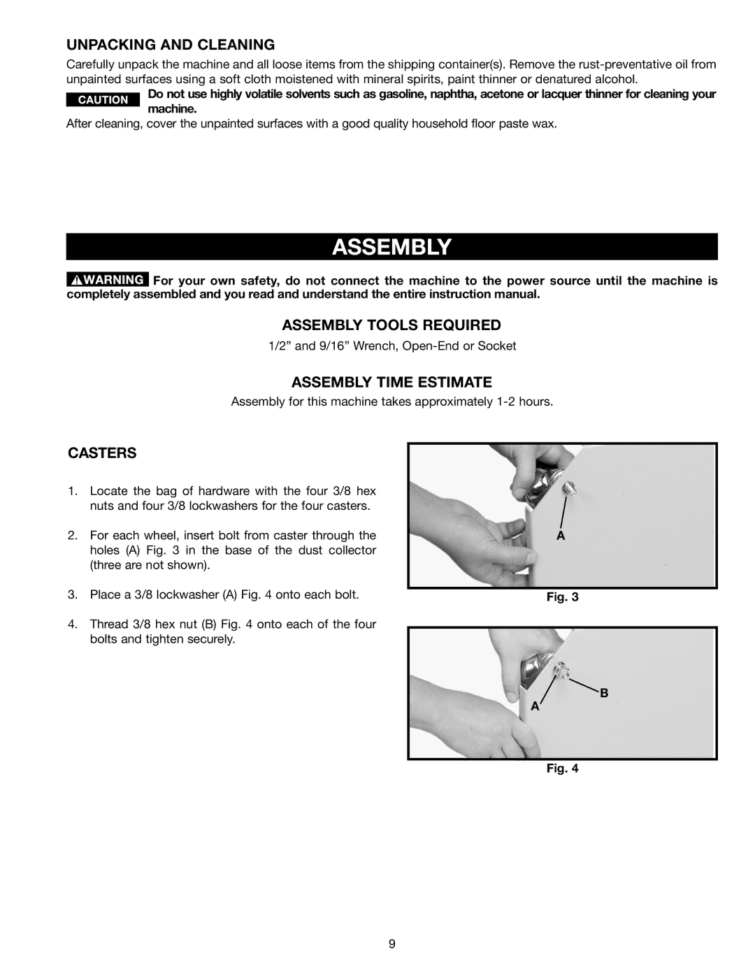 DeWalt AP400 instruction manual Unpacking and Cleaning, Assembly Tools Required, Assembly Time Estimate, Casters 