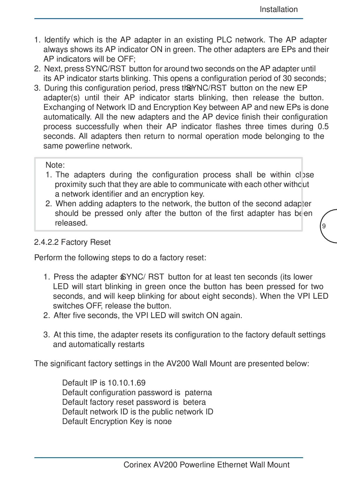 DeWalt AV200 manual Installation, Released Factory Reset 