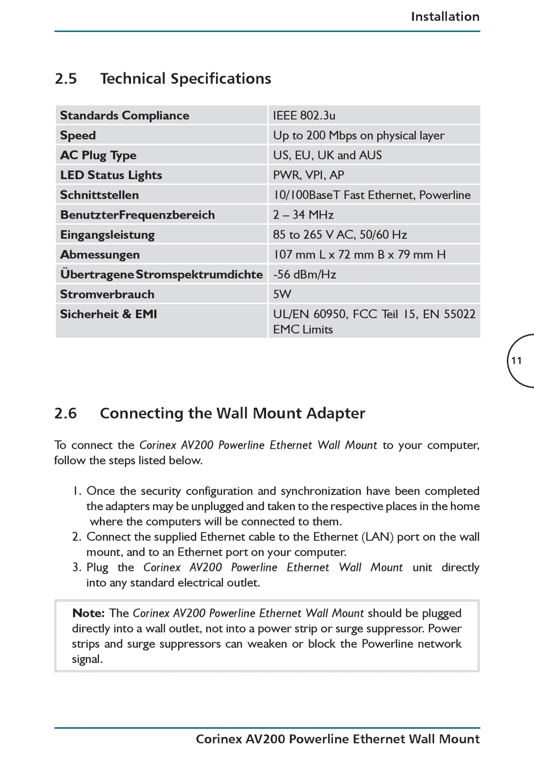 DeWalt AV200 manual Technical Specifications, Connecting the Wall Mount Adapter, Schnittstellen, EMC Limits 