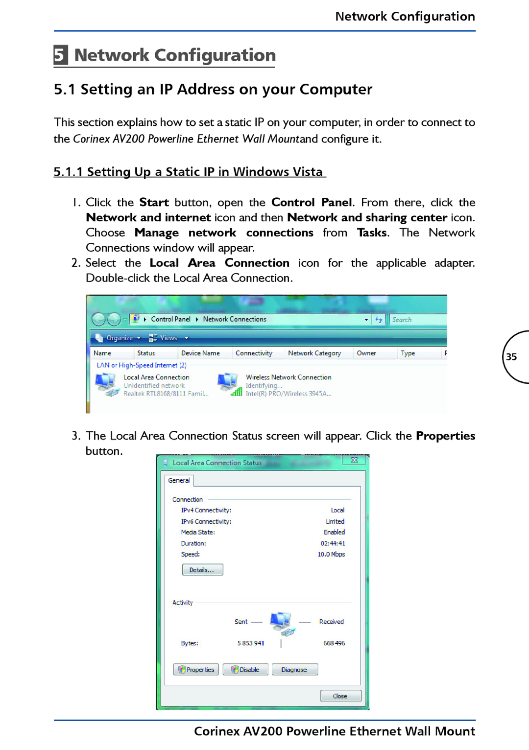 DeWalt AV200 manual Network Configuration, Setting an IP Address on your Computer, Setting Up a Static IP in Windows Vista 