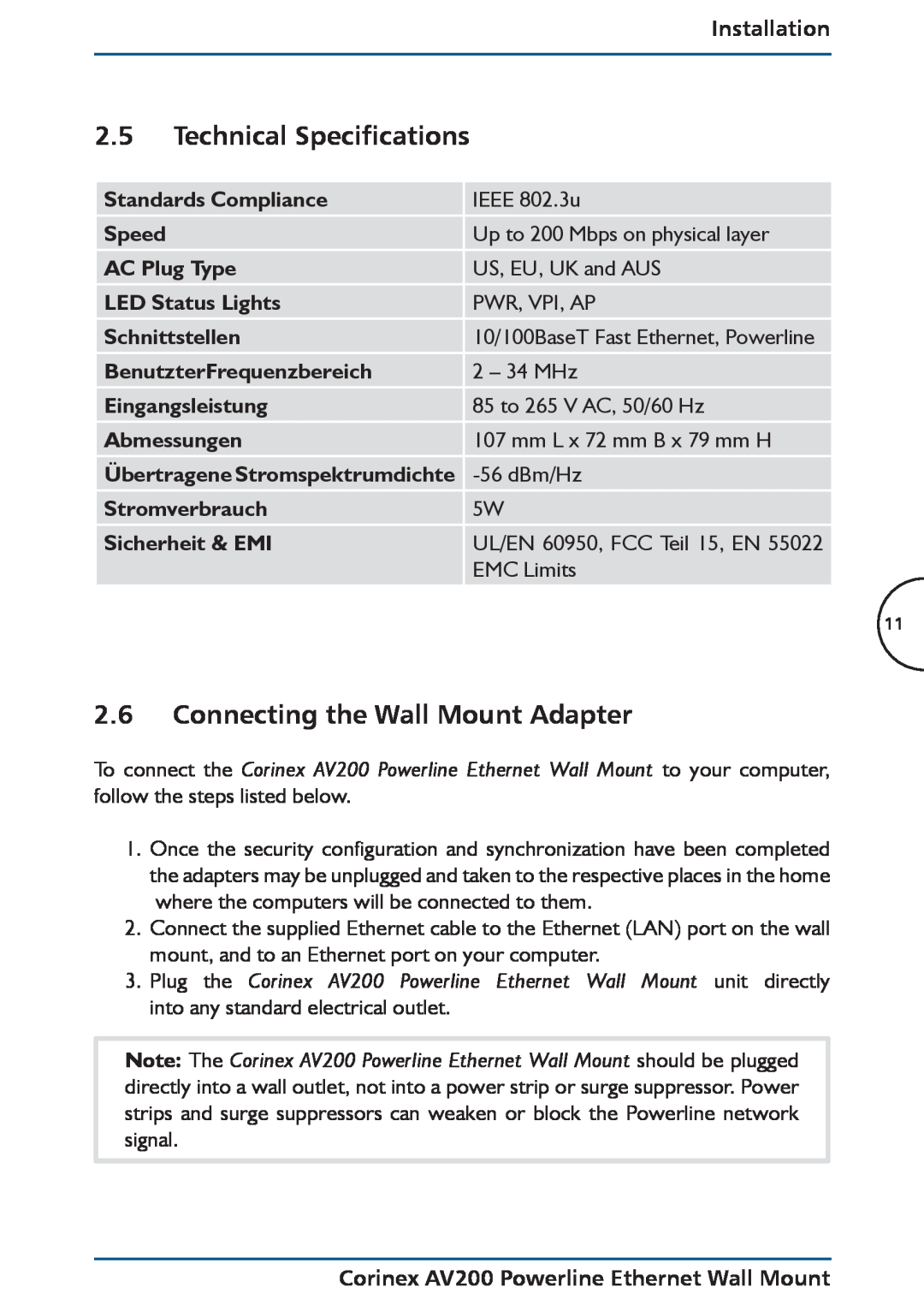 DeWalt AV200 manual Technical Specifications, Connecting the Wall Mount Adapter, Standards Compliance, IEEE 802.3u, Speed 
