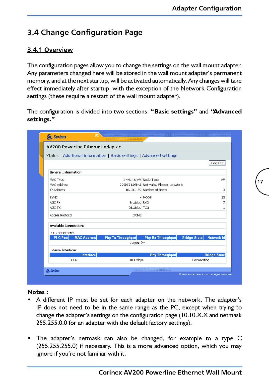 DeWalt manual Change Configuration Page, Overview, Adapter Configuration, Corinex AV200 Powerline Ethernet Wall Mount 