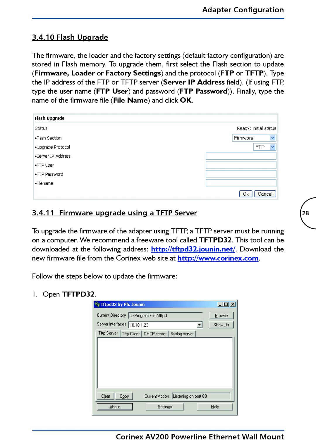 DeWalt AV200 manual Adapter Configuration 3.4.10 Flash Upgrade, Firmware upgrade using a TFTP Server, Open TFTPD32 