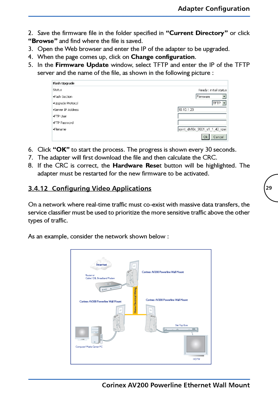 DeWalt manual Configuring Video Applications, Adapter Configuration, Corinex AV200 Powerline Ethernet Wall Mount 