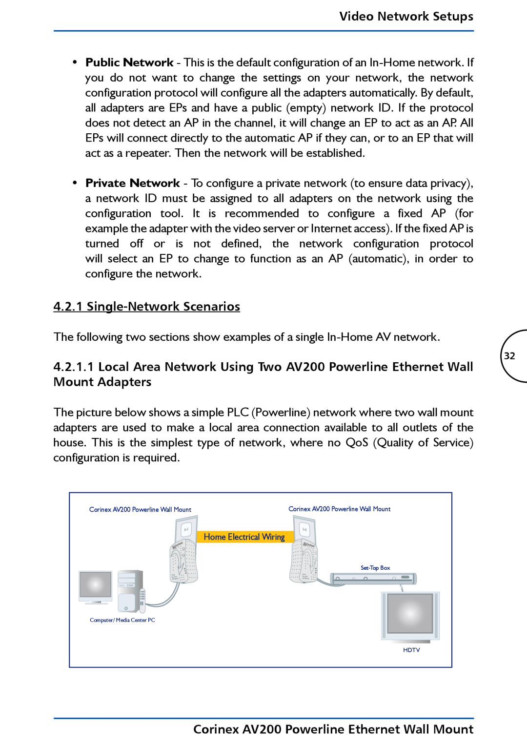 DeWalt manual Single-Network Scenarios, Video Network Setups, Corinex AV200 Powerline Ethernet Wall Mount 