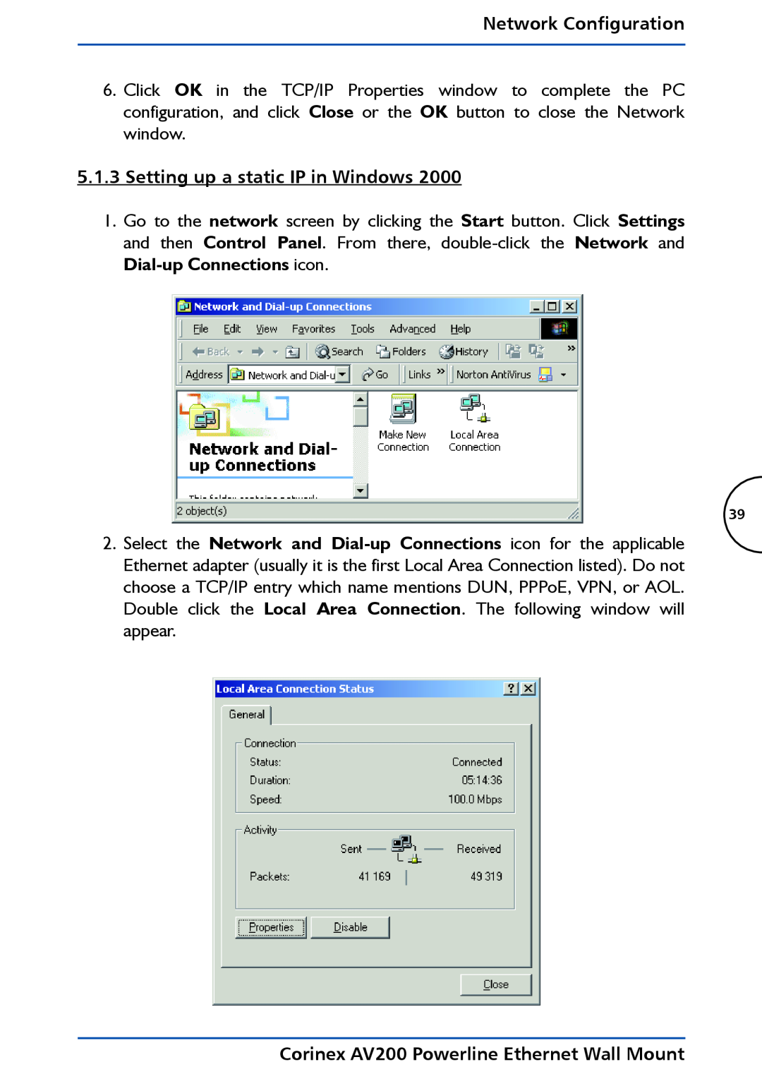 DeWalt manual Setting up a static IP in Windows, Network Configuration, Corinex AV200 Powerline Ethernet Wall Mount 