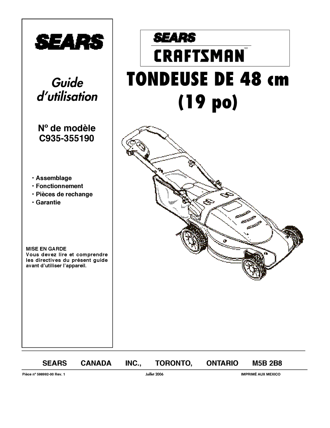 DeWalt C935-355190 owner manual Tondeuse DE 48 cm 19 po 