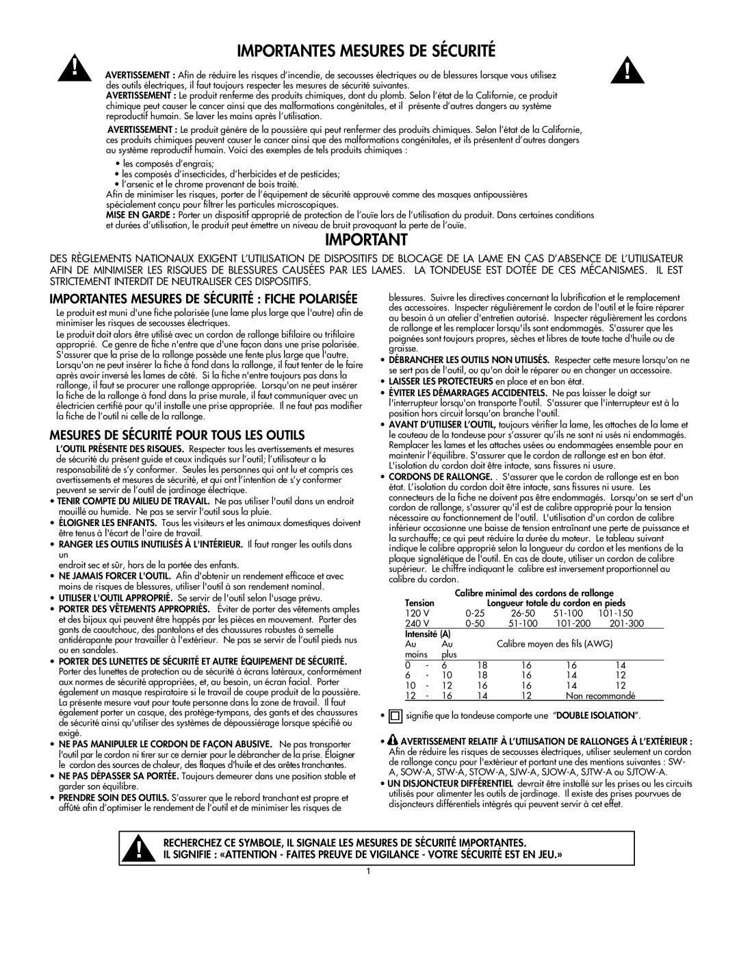 DeWalt C935-355190 owner manual Importantes Mesures DE Sécurité Fiche Polarisée 