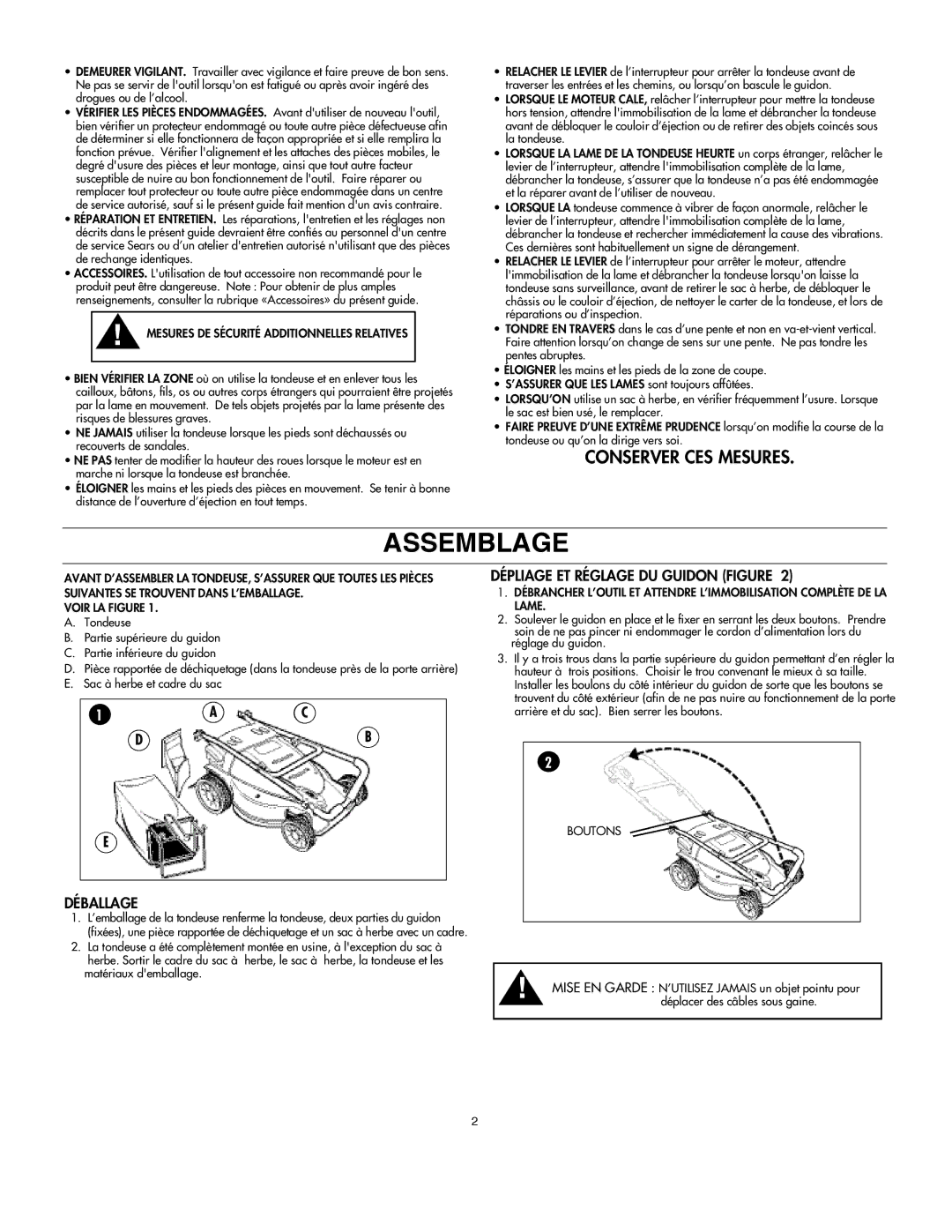 DeWalt C935-355190 Déballage, Dépliage ET Réglage DU Guidon Figure, Mesures DE Sécurité Additionnelles Relatives, Boutons 