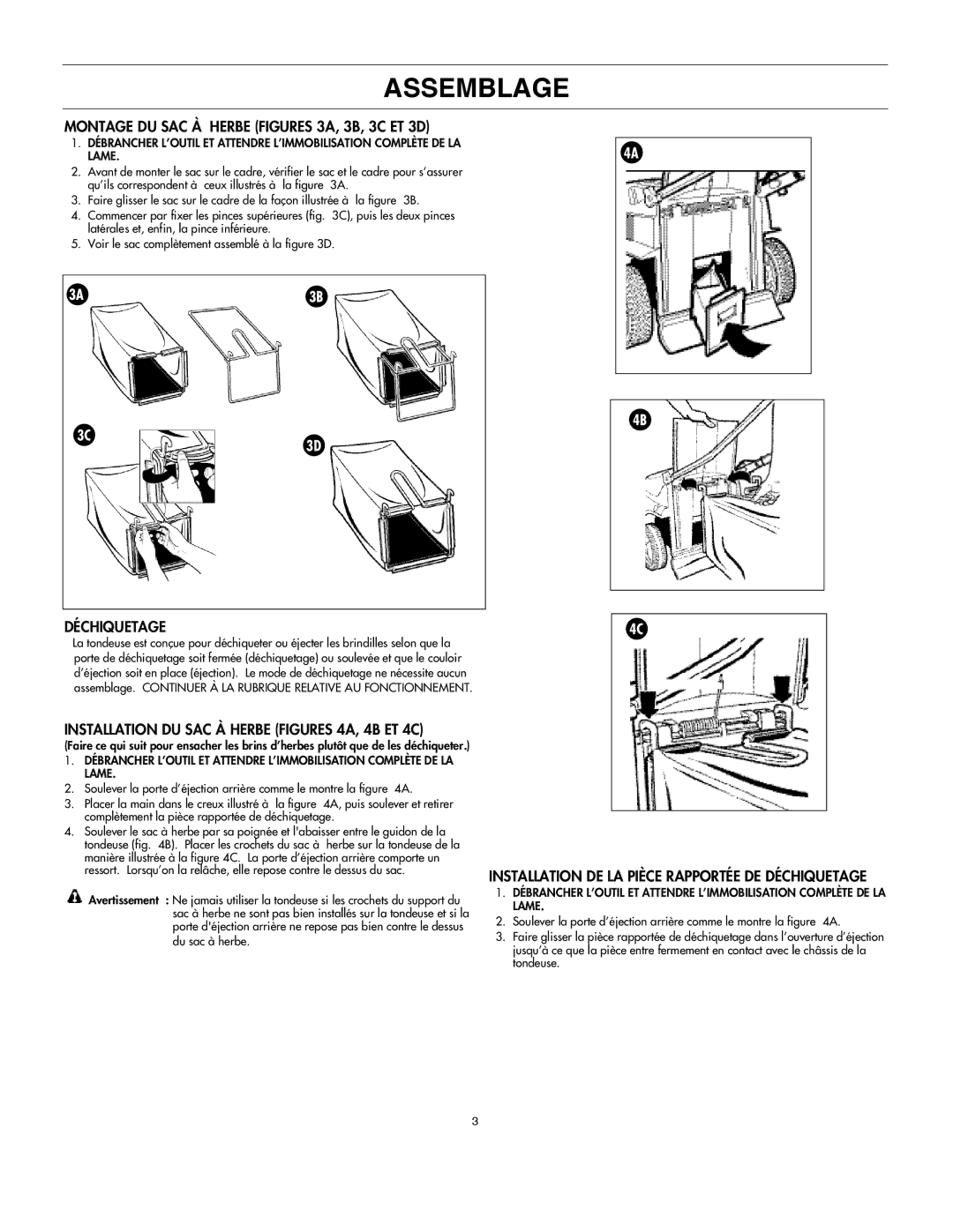 DeWalt C935-355190 owner manual Montage DU SAC À Herbe Figures 3A, 3B, 3C ET 3D, Déchiquetage 