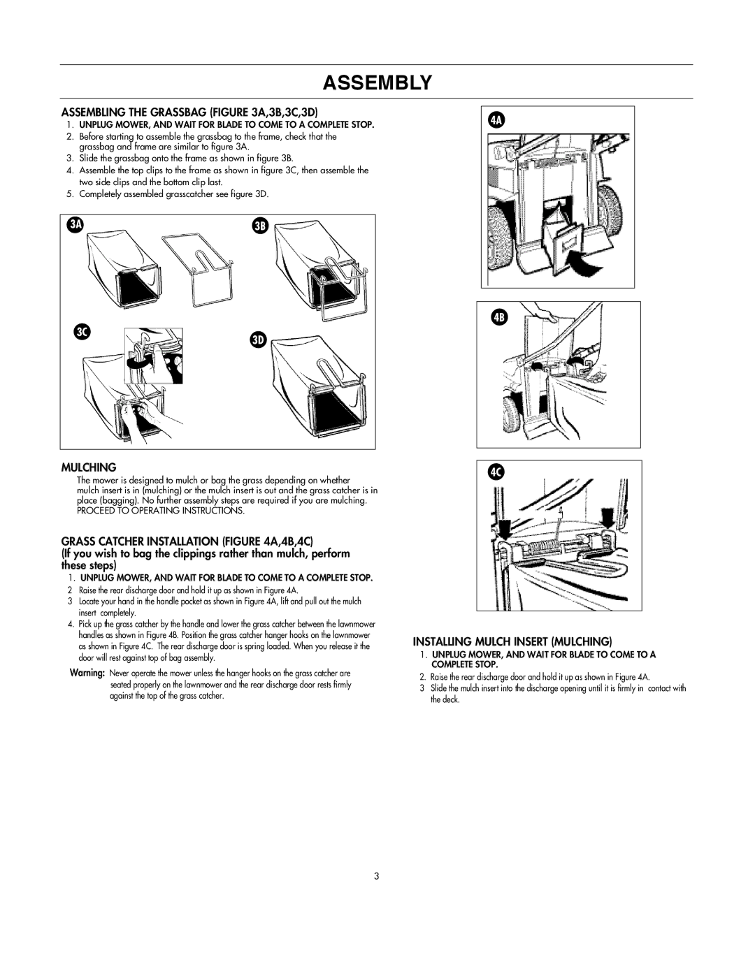 DeWalt C935-355190 owner manual Assembling the Grassbag A,3B,3C,3D, Mulching, Grass Catcher Installation A,4B,4C 