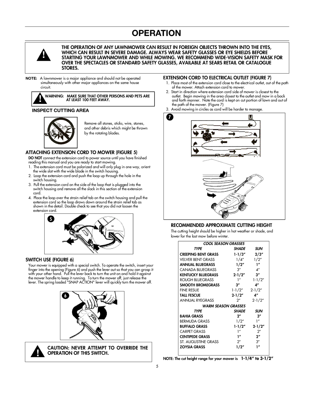 DeWalt C935-355190 Attaching Extension Cord to Mower Figure, Switch USE Figure, Recommended Approximate Cutting Height 