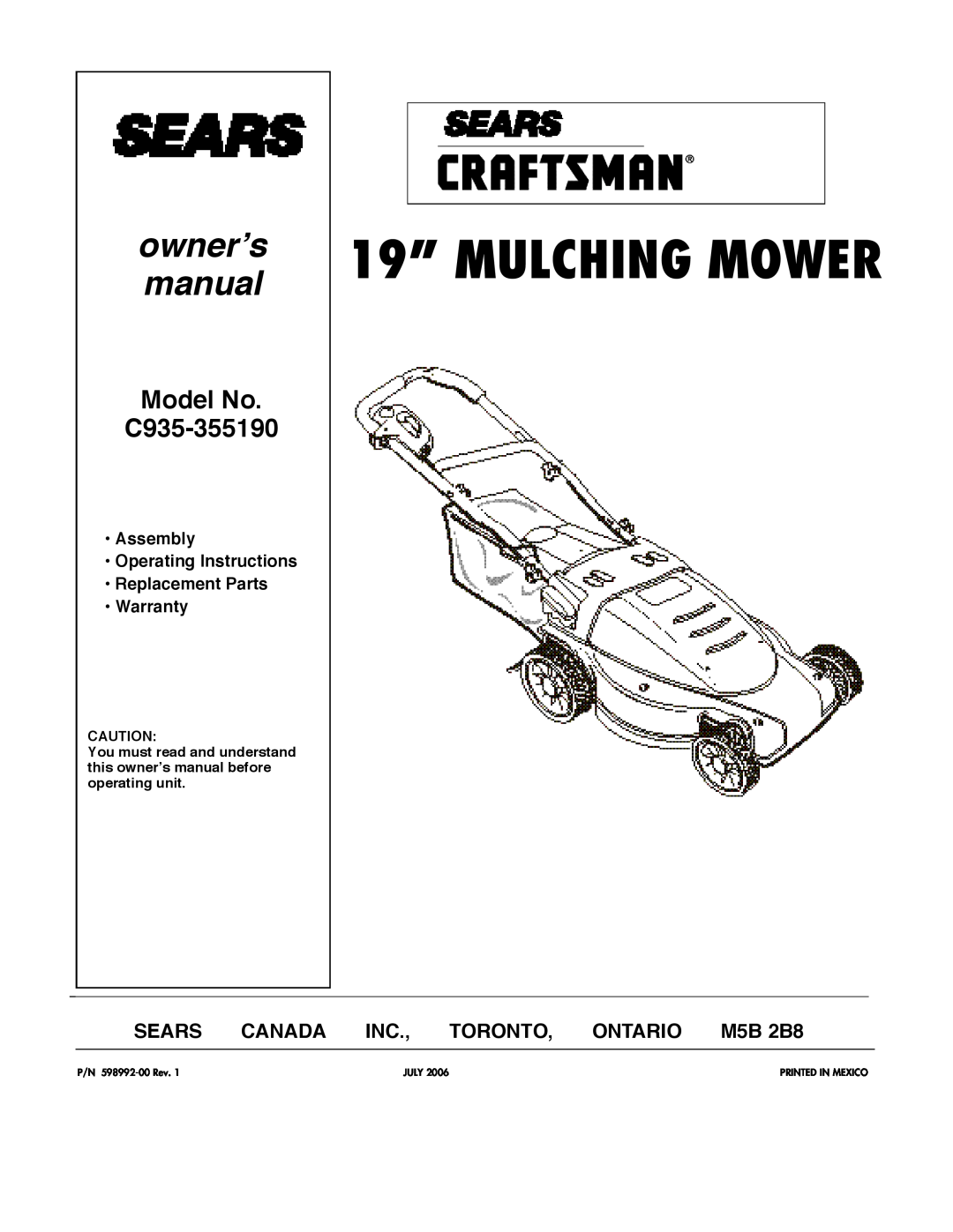 DeWalt owner manual owner’s, Model No C935-355190, Assembly Operating Instructions Replacement Parts Warranty 
