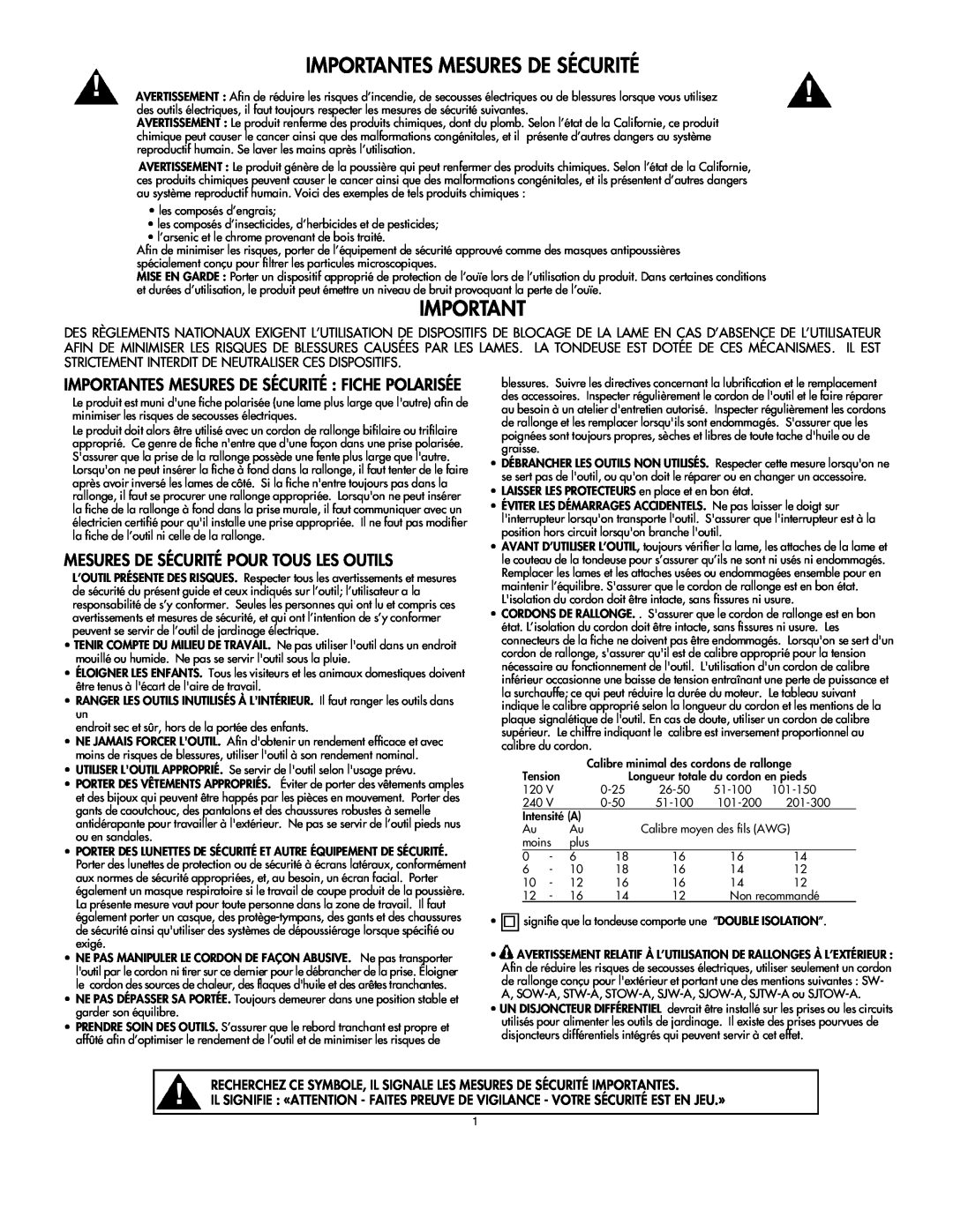 DeWalt C935-355190 owner manual Mesures De Sécurité Pour Tous Les Outils, Importantes Mesures De Sécurité Fiche Polarisée 