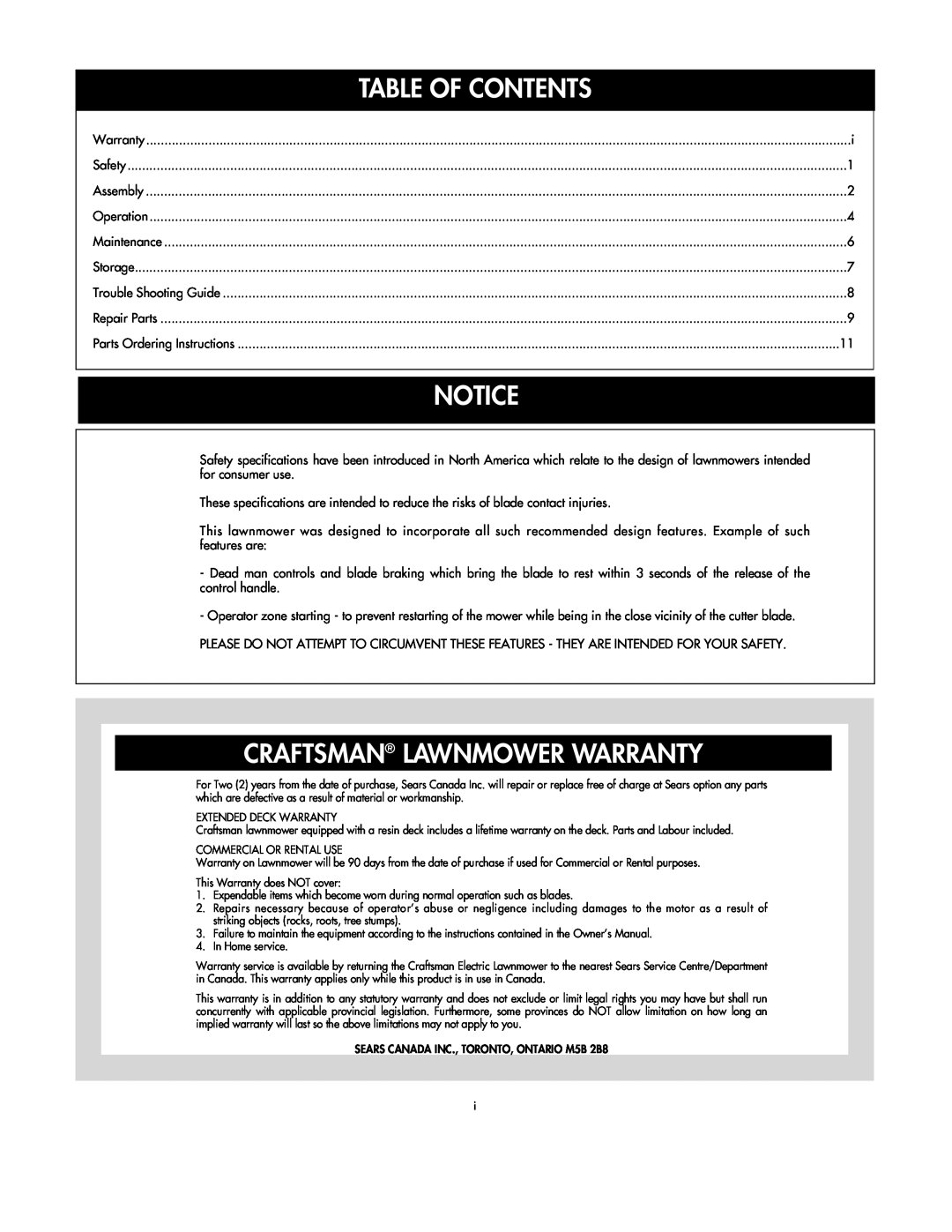 DeWalt C935-355190 owner manual Table Of Contents, Craftsman Lawnmower Warranty 