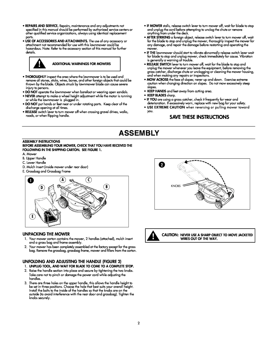 DeWalt C935-355190 Assembly, Save These Instructions, Unpacking The Mower, Unfolding And Adjusting The Handle Figure 