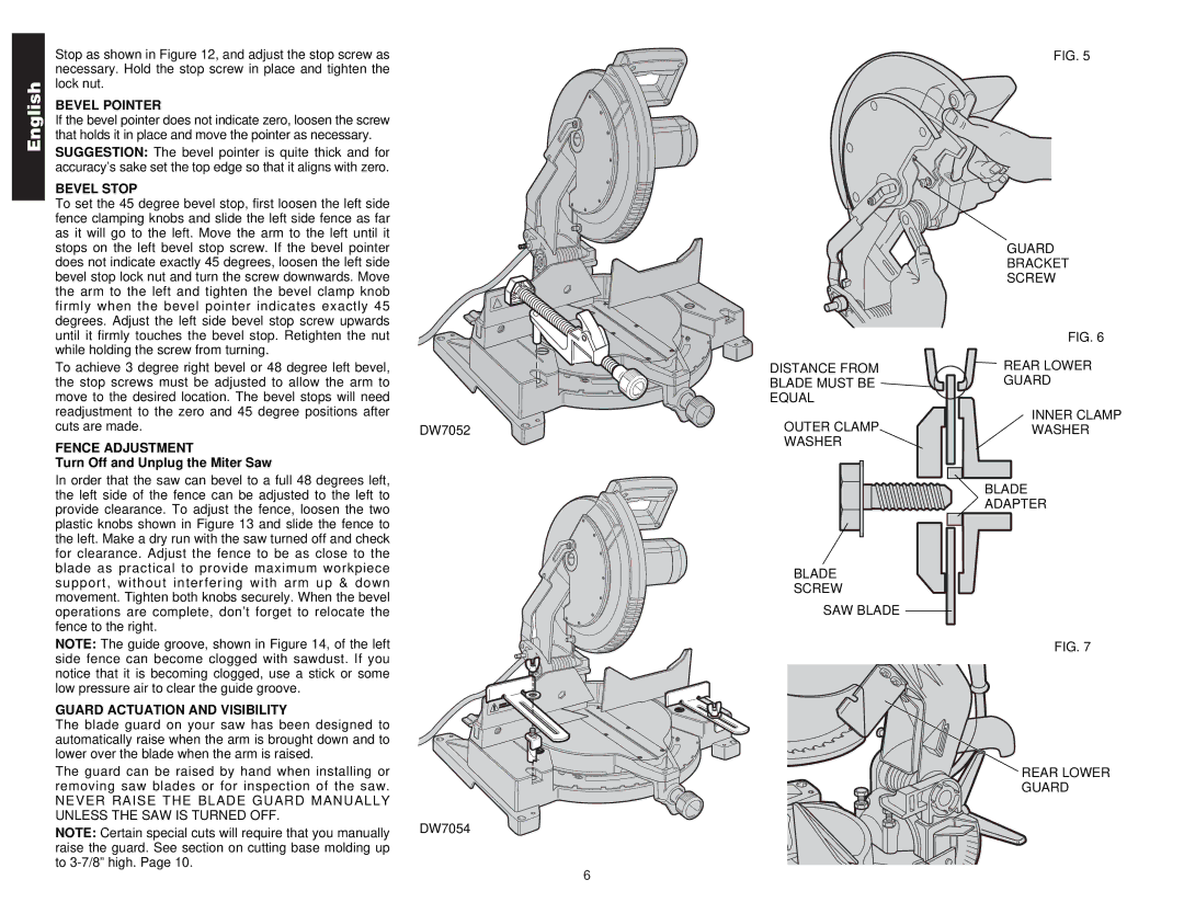 DeWalt Compound Miter Saw manual Bevel Pointer, Bevel Stop, Fence Adjustment, Guard Actuation and Visibility 