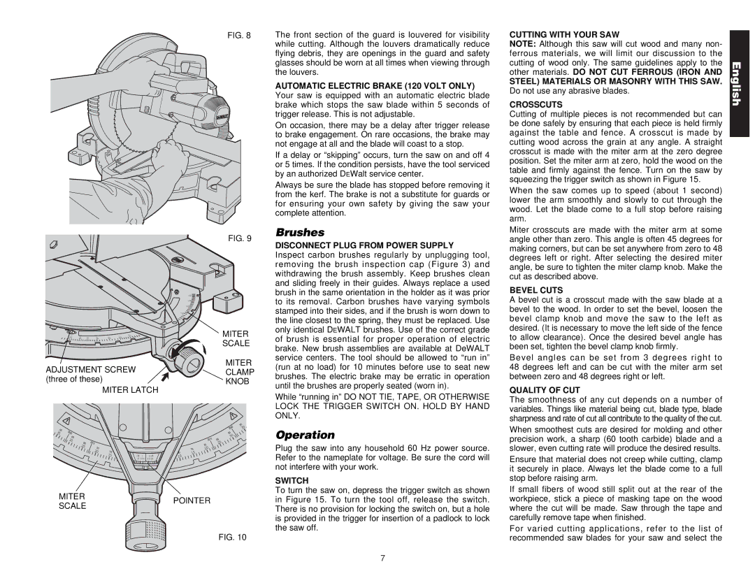 DeWalt Compound Miter Saw manual Brushes, Operation 