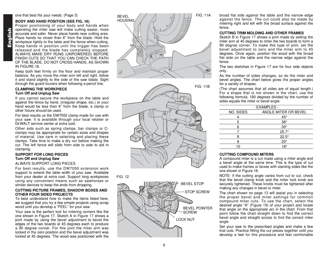 DeWalt Compound Miter Saw manual Body and Hand Position see FIG, Clamping the Workpiece, Support for Long Pieces 