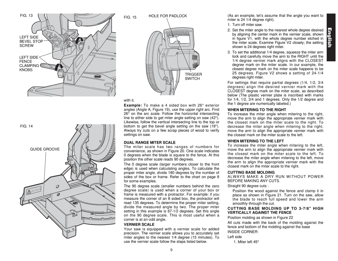 DeWalt Compound Miter Saw Dual Range Miter Scale, Vernier Scale, When Mitering to the Right, When Mitering to the Left 