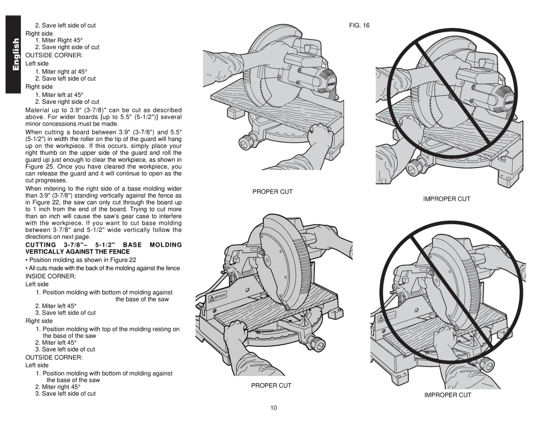 DeWalt Compound Miter Saw manual Outside Corner, Proper CUT Improper CUT 