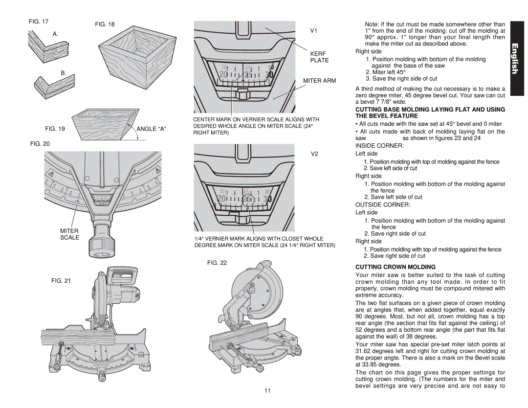 DeWalt Compound Miter Saw manual Angle a, Miter Scale Kerf Plate Miter ARM, Inside Corner, Cutting Crown Molding 