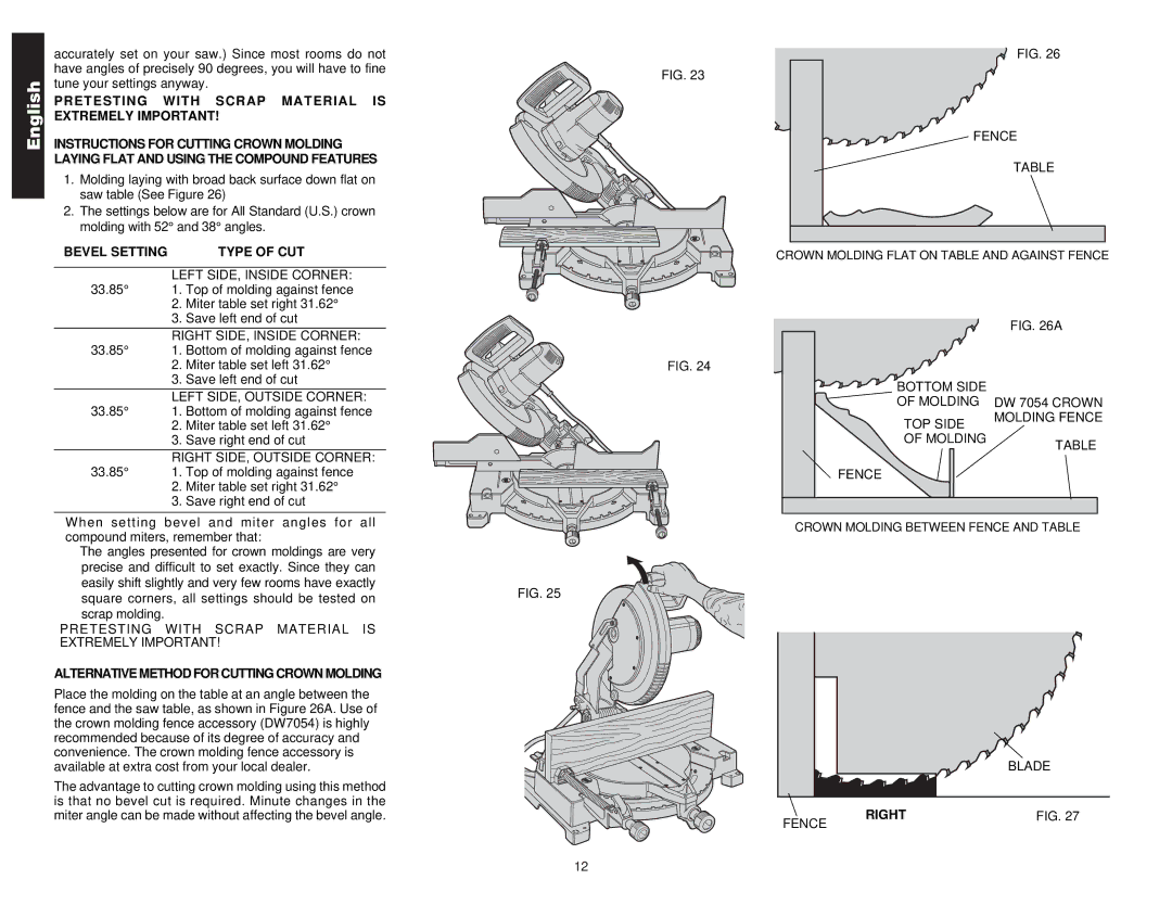 DeWalt Compound Miter Saw manual Bevel Setting Type of CUT, Alternative Method for Cutting Crown Molding, Right 