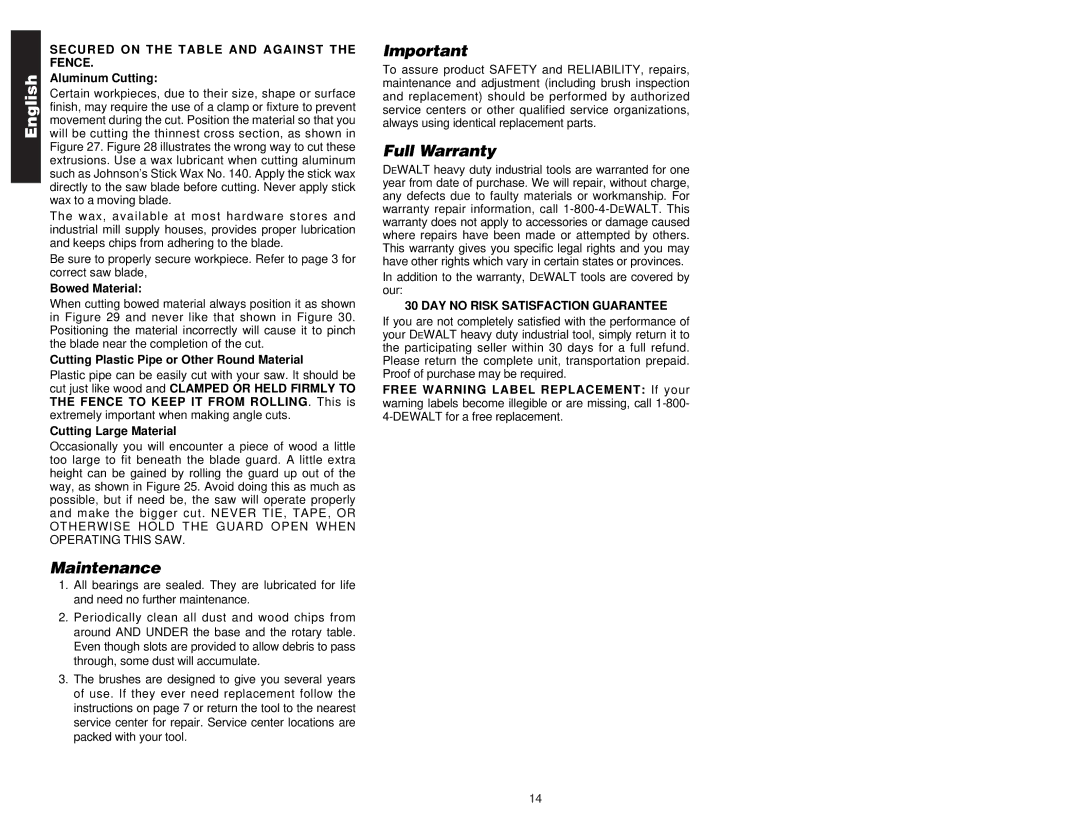 DeWalt Compound Miter Saw manual Maintenance, Full Warranty, Secured on the Table and Against the Fence 