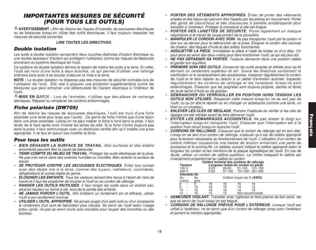 DeWalt Compound Miter Saw manual Double isolation, Fiche polarisée DW705, Pour tous les outils 