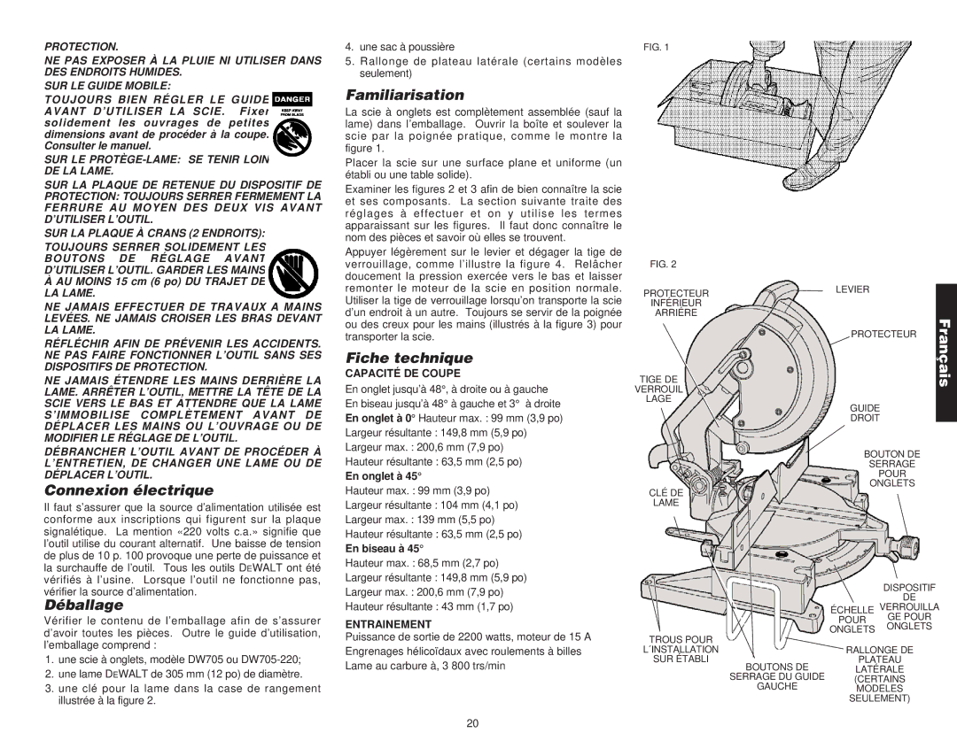 DeWalt Compound Miter Saw manual Connexion électrique, Déballage, Familiarisation, Fiche technique 